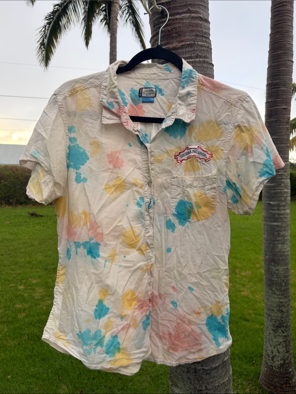 Kavu White Short-Sleeve Button-Down with Blue, Yellow and Pink Tie-Dye